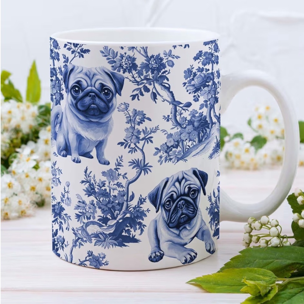 Pug Blue French Toile Mug,Blue Chinoiserie Toile Coffee Cup for Pug Lovers. New